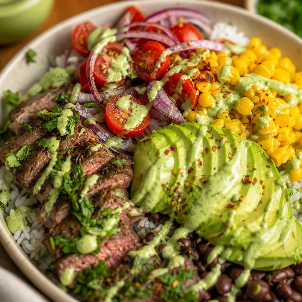 Delicious Cilantro Lime Steak Bowls with grilled steak, lime rice, and fresh toppings.