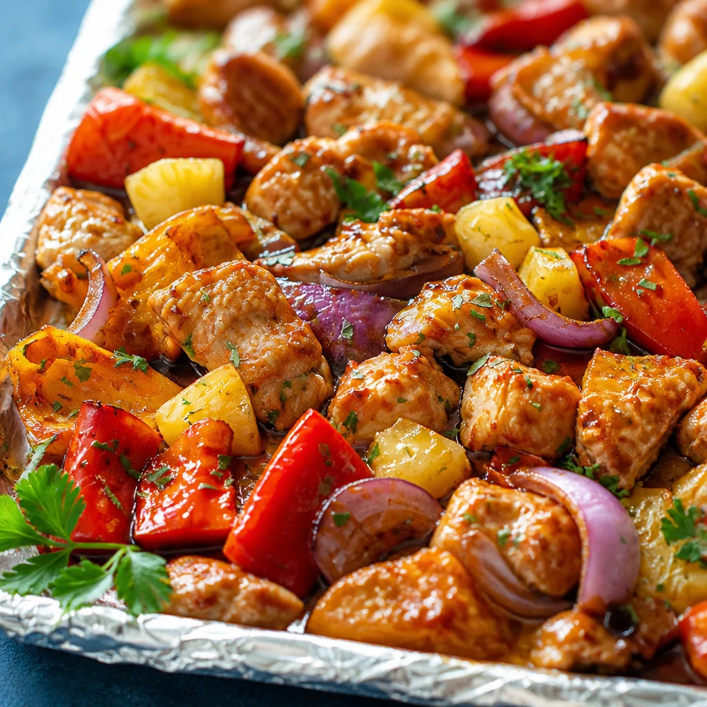Sheet Pan Hawaiian Chicken with colorful bell peppers and pineapple ready to serve.