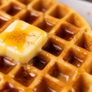 Healthy Protein Waffles topped with fresh berries and maple syrup on a plate.
