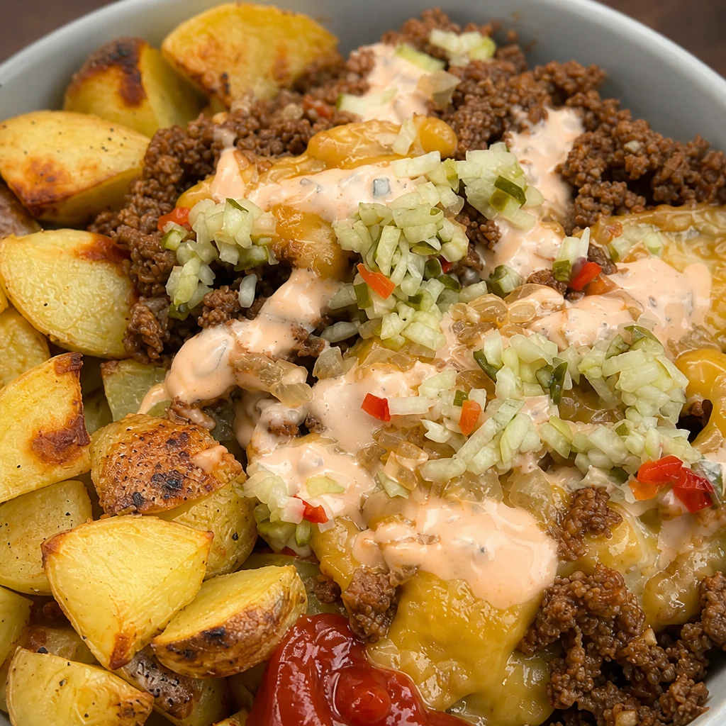 Healthy Loaded Beef and Potato Bake topped with melted cheese and fresh ingredients.