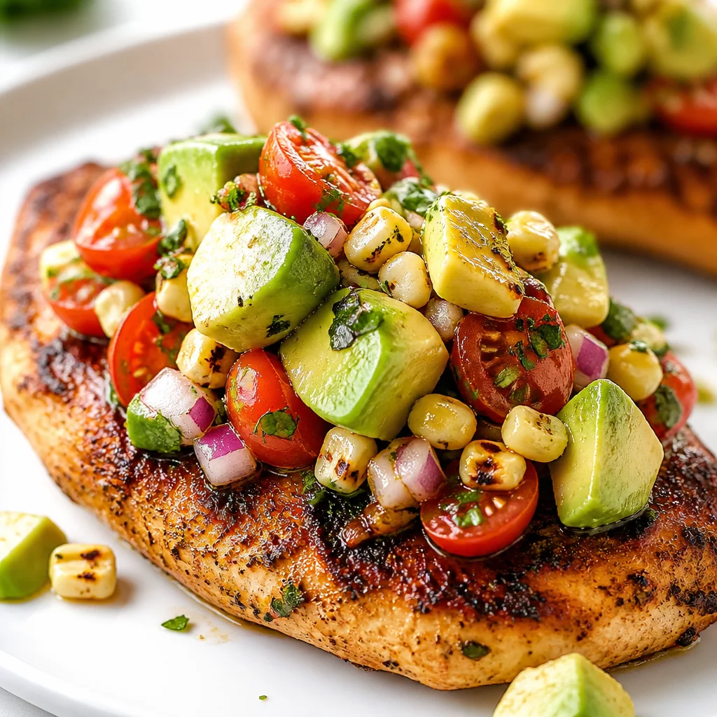 Grilled Fiesta Lime Chicken topped with bright avocado salsa and lime zest.