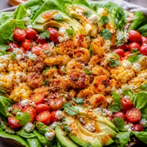 Delicious Honey Lime Shrimp Salad with avocado, corn, and a tangy vinaigrette.