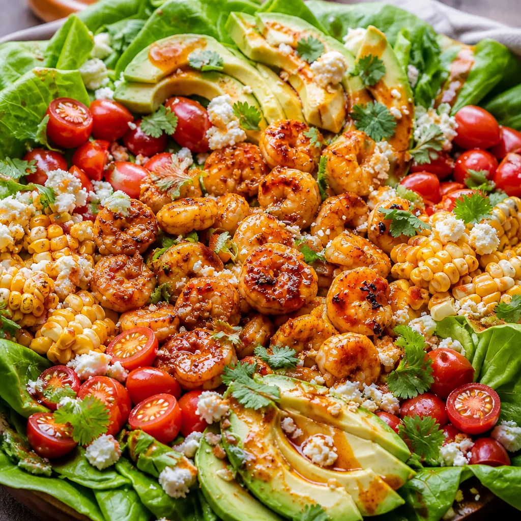 Delicious Honey Lime Shrimp Salad with avocado, corn, and a tangy vinaigrette.